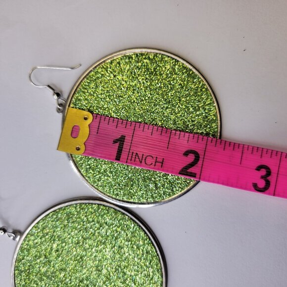 Green Glitter Round Earrings - Picture 3 of 4